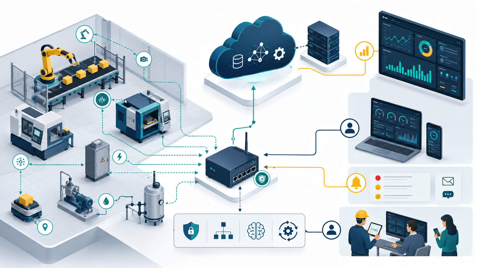Factory devices connected through an edge gateway to cloud dashboards